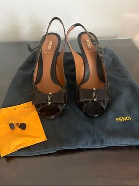 Fendi Brown Canvas Monogram Peep-Toe Slingback Heels